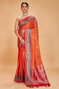 Buy orange tussar Banarasi sari online in USA with purple magenta zari border. Look your best on festive occasions in latest designer saris, pure silk sarees, Kanjivaram silk sarees, handwoven saris, tussar silk sarees, embroidered saris from Pure Elegance Indian clothing store in USA.-full view