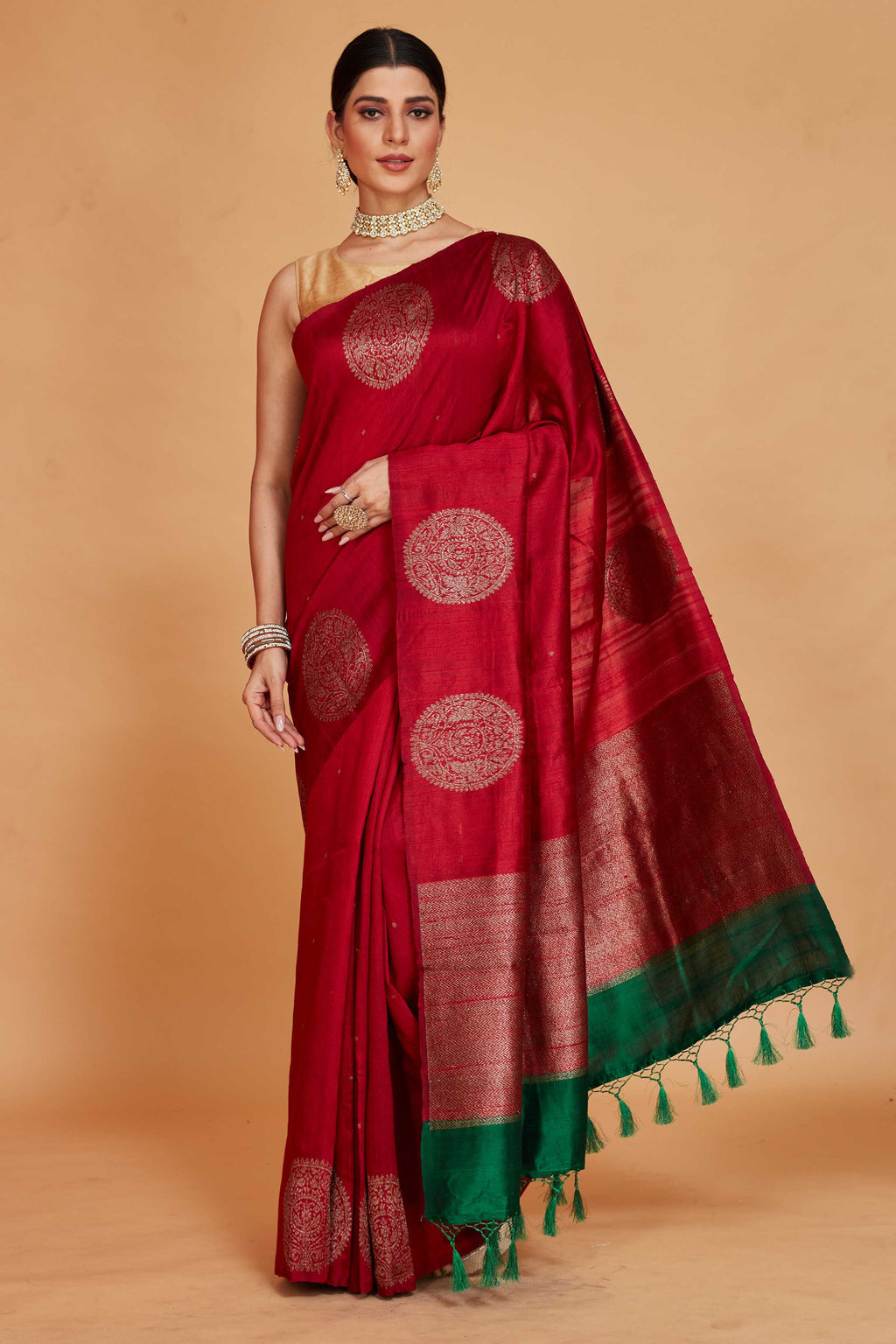 Shop red tussar Banarasi sari online in USA with antique zari green pallu. Look your best on festive occasions in latest designer saris, pure silk sarees, Kanjivaram silk sarees, handwoven saris, tussar silk sarees, embroidered saris from Pure Elegance Indian clothing store in USA.-full view