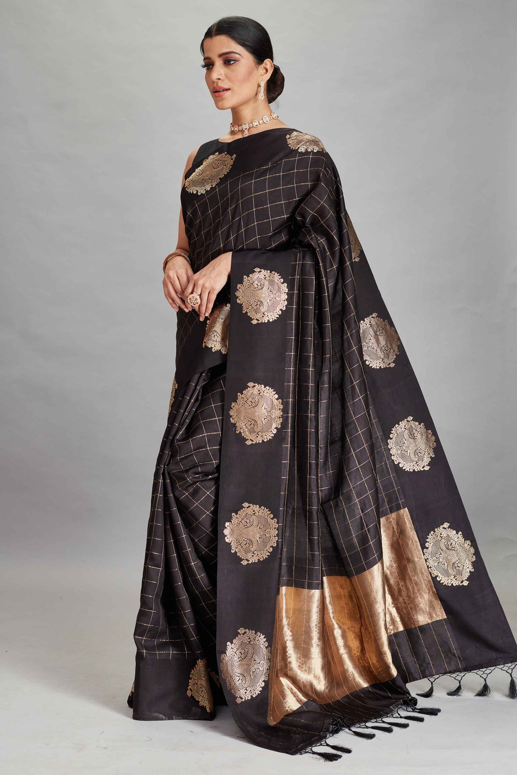Buy black check silk Banarasi sari online in USA with zari motifs border. Look your best on festive occasions in latest designer sarees, pure silk sarees, Kanjivaram silk saris, handwoven saris, tussar silk sarees, embroidered saris from Pure Elegance Indian clothing store in USA.-full view