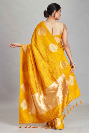 Shop yellow check silk Banarasi saree online in USA with zari motifs border. Look your best on festive occasions in latest designer sarees, pure silk sarees, Kanjivaram silk saris, handwoven saris, tussar silk sarees, embroidered saris from Pure Elegance Indian clothing store in USA.-back