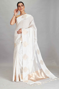 Buy white check silk Banarasi saree online in USA with zari motifs border. Look your best on festive occasions in latest designer sarees, pure silk sarees, Kanjivaram silk saris, handwoven saris, tussar silk sarees, embroidered saris from Pure Elegance Indian clothing store in USA.-full view