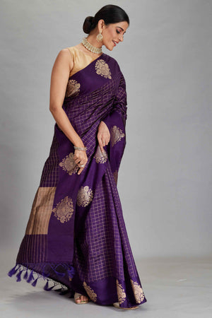 Buy purple check silk Banarasi saree online in USA with zari motifs border. Look your best on festive occasions in latest designer sarees, pure silk sarees, Kanjivaram silk saris, handwoven saris, tussar silk sarees, embroidered saris from Pure Elegance Indian clothing store in USA.-side