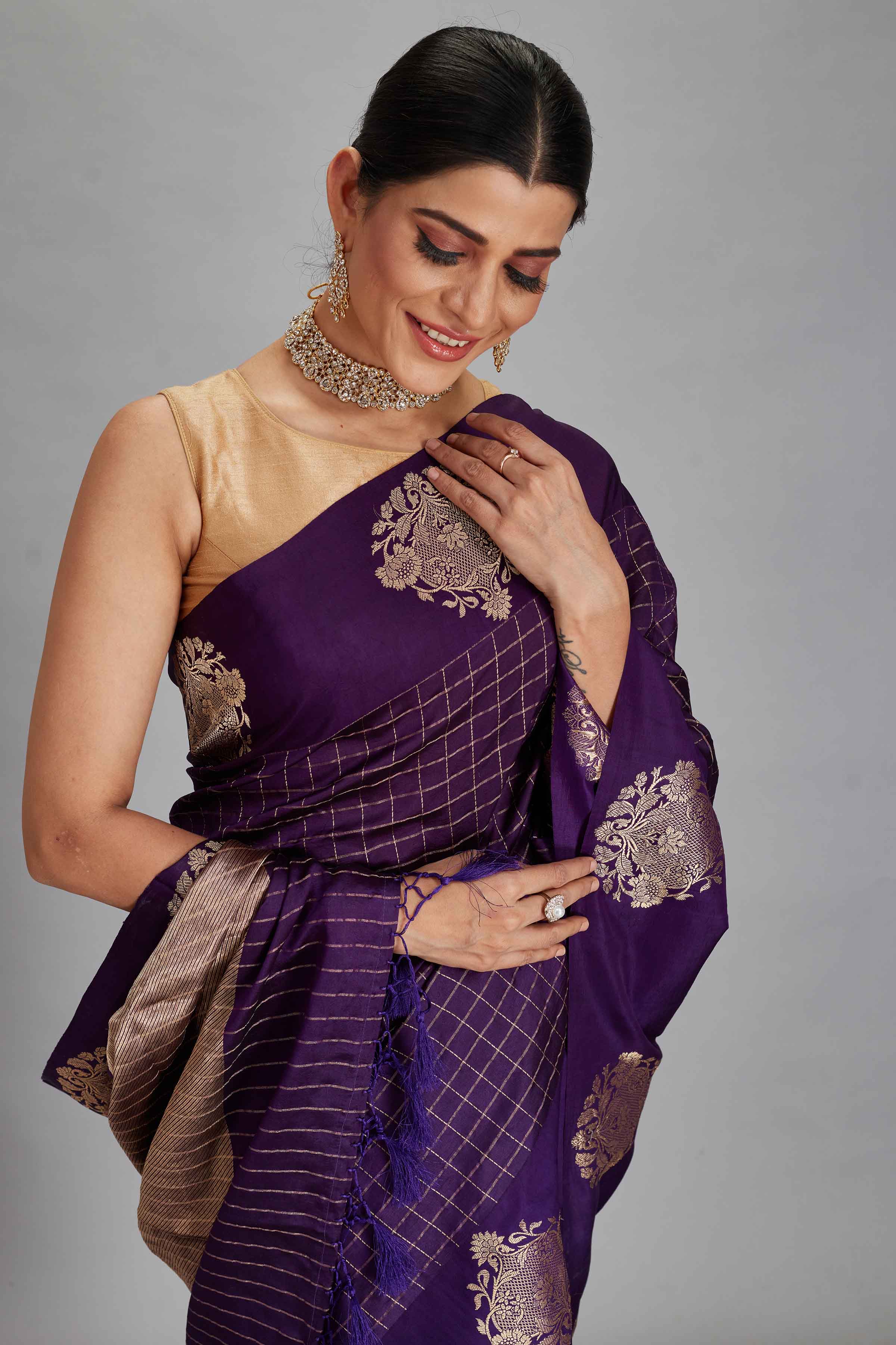 Buy purple check silk Banarasi saree online in USA with zari motifs border. Look your best on festive occasions in latest designer sarees, pure silk sarees, Kanjivaram silk saris, handwoven saris, tussar silk sarees, embroidered saris from Pure Elegance Indian clothing store in USA.-closeup