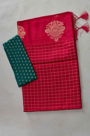 Shop red check silk Banarasi saree online in USA with zari motifs border. Look your best on festive occasions in latest designer sarees, pure silk sarees, Kanjivaram silk saris, handwoven saris, tussar silk sarees, embroidered saris from Pure Elegance Indian clothing store in USA.-blouse