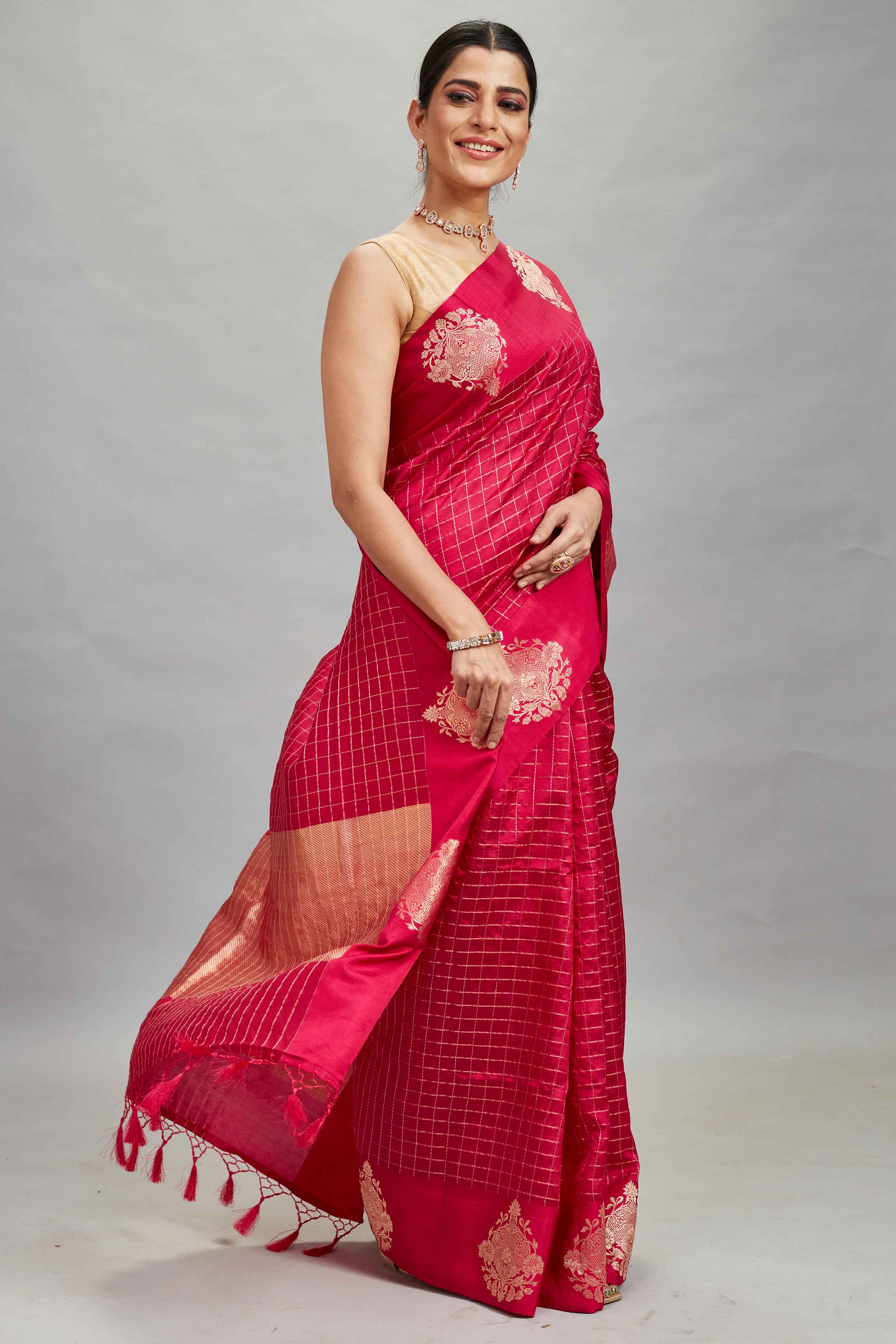 Shop Red Check Silk Banarasi Sari Online in USA With Zari Motifs