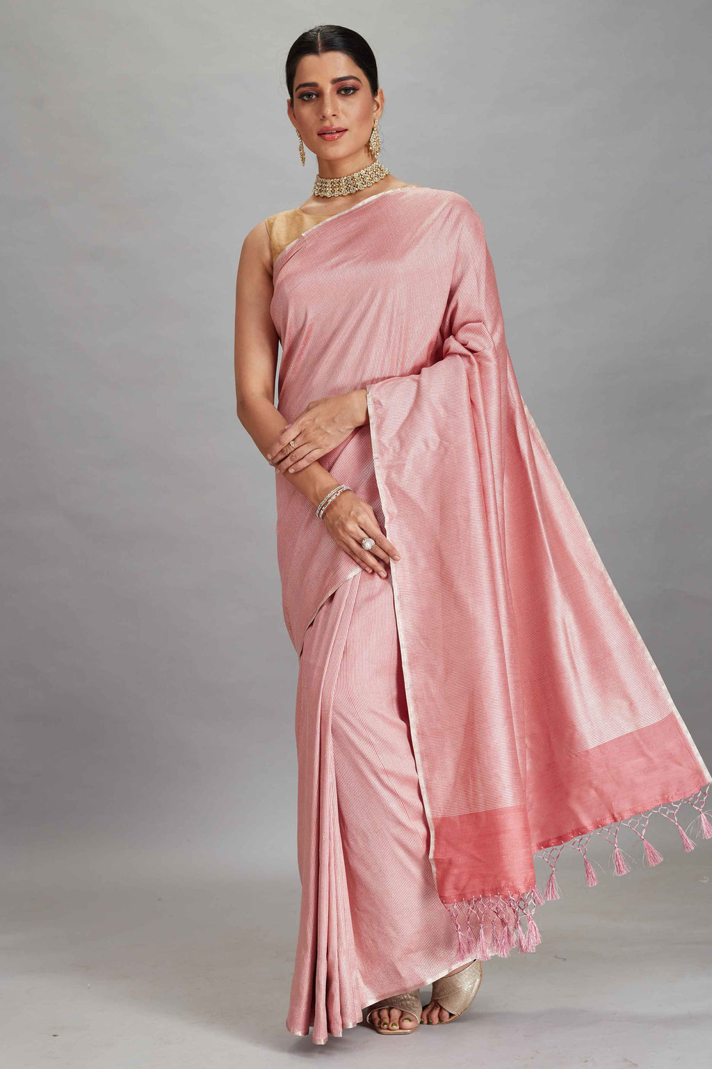 Buy light pink muga Banarasi saree online in USA with zari stripes. Look your best on festive occasions in latest designer sarees, pure silk sarees, Kanjivaram silk saris, handwoven saris, tussar silk sarees, embroidered saris from Pure Elegance Indian clothing store in USA.-full view