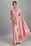 Buy light pink muga Banarasi saree online in USA with zari stripes. Look your best on festive occasions in latest designer sarees, pure silk sarees, Kanjivaram silk saris, handwoven saris, tussar silk sarees, embroidered saris from Pure Elegance Indian clothing store in USA.-full view