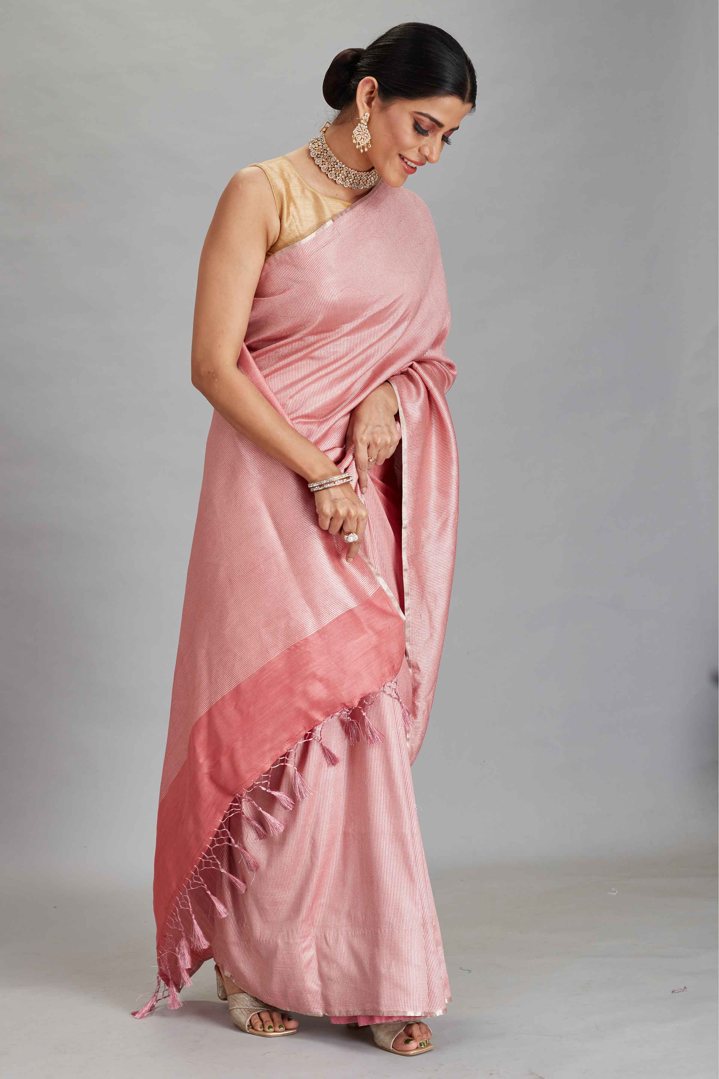 Buy light pink muga Banarasi saree online in USA with zari stripes. Look your best on festive occasions in latest designer sarees, pure silk sarees, Kanjivaram silk saris, handwoven saris, tussar silk sarees, embroidered saris from Pure Elegance Indian clothing store in USA.-side