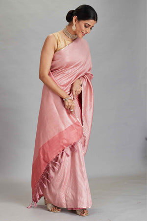 Buy light pink muga Banarasi saree online in USA with zari stripes. Look your best on festive occasions in latest designer sarees, pure silk sarees, Kanjivaram silk saris, handwoven saris, tussar silk sarees, embroidered saris from Pure Elegance Indian clothing store in USA.-side
