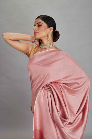 Buy light pink muga Banarasi saree online in USA with zari stripes. Look your best on festive occasions in latest designer sarees, pure silk sarees, Kanjivaram silk saris, handwoven saris, tussar silk sarees, embroidered saris from Pure Elegance Indian clothing store in USA.-closeup