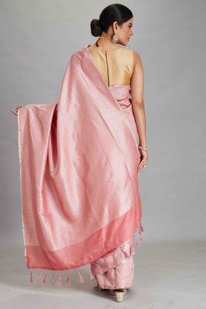 Buy light pink muga Banarasi saree online in USA with zari stripes. Look your best on festive occasions in latest designer sarees, pure silk sarees, Kanjivaram silk saris, handwoven saris, tussar silk sarees, embroidered saris from Pure Elegance Indian clothing store in USA.-back