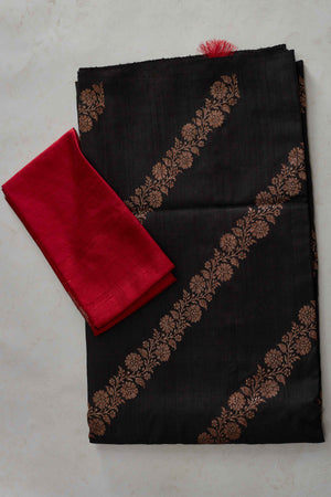 Buy black muga Banarasi saree online in USA with zari creeper. Look your best on festive occasions in latest designer sarees, pure silk sarees, Kanjivaram silk saris, handwoven saris, tussar silk sarees, embroidered saris from Pure Elegance Indian clothing store in USA.-blouse
