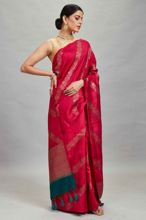 Buy dark pink muga Banarasi saree online in USA with zari creeper. Look your best on festive occasions in latest designer sarees, pure silk sarees, Kanjivaram silk saris, handwoven saris, tussar silk sarees, embroidered saris from Pure Elegance Indian clothing store in USA.-saree