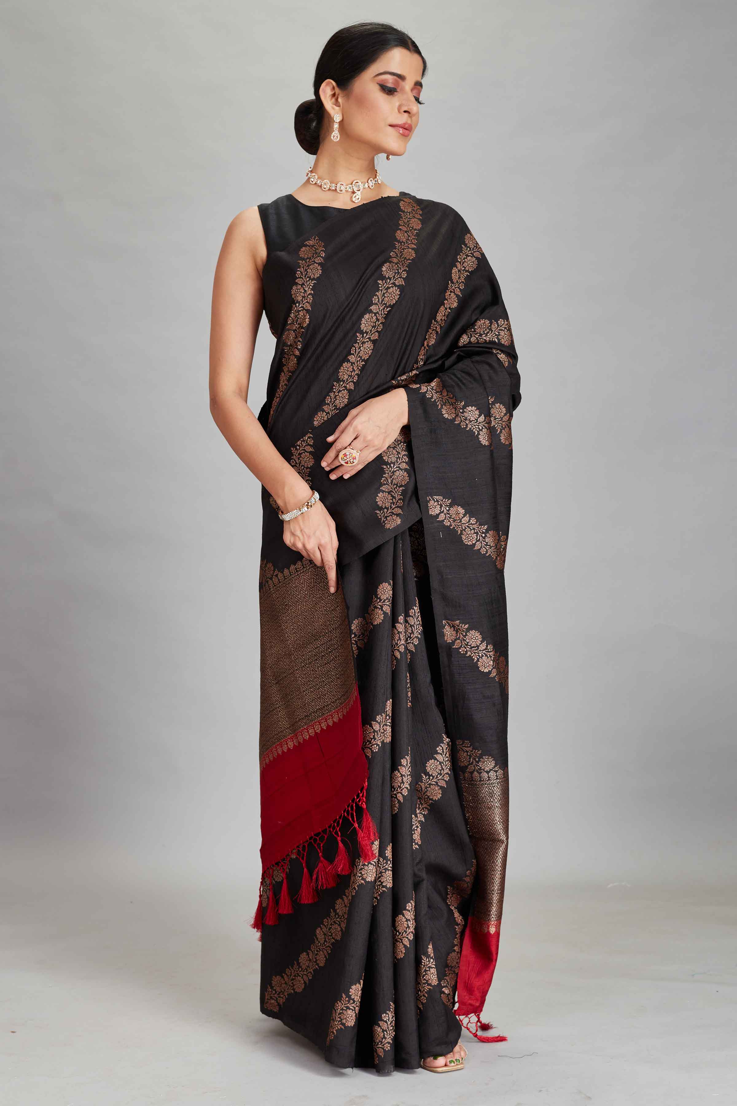 Buy black muga Banarasi saree online in USA with zari creeper. Look your best on festive occasions in latest designer sarees, pure silk sarees, Kanjivaram silk saris, handwoven saris, tussar silk sarees, embroidered saris from Pure Elegance Indian clothing store in USA.-side