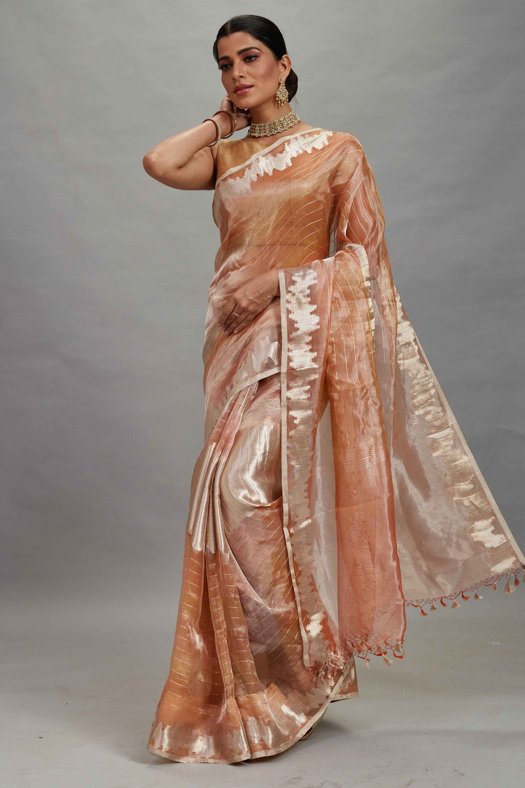 Buy peach striped tissue Banarasi saree online in USA. Look your best on festive occasions in latest designer sarees, pure silk sarees, Kanjivaram silk saris, handwoven saris, tussar silk sarees, embroidered saris from Pure Elegance Indian clothing store in USA.-full view