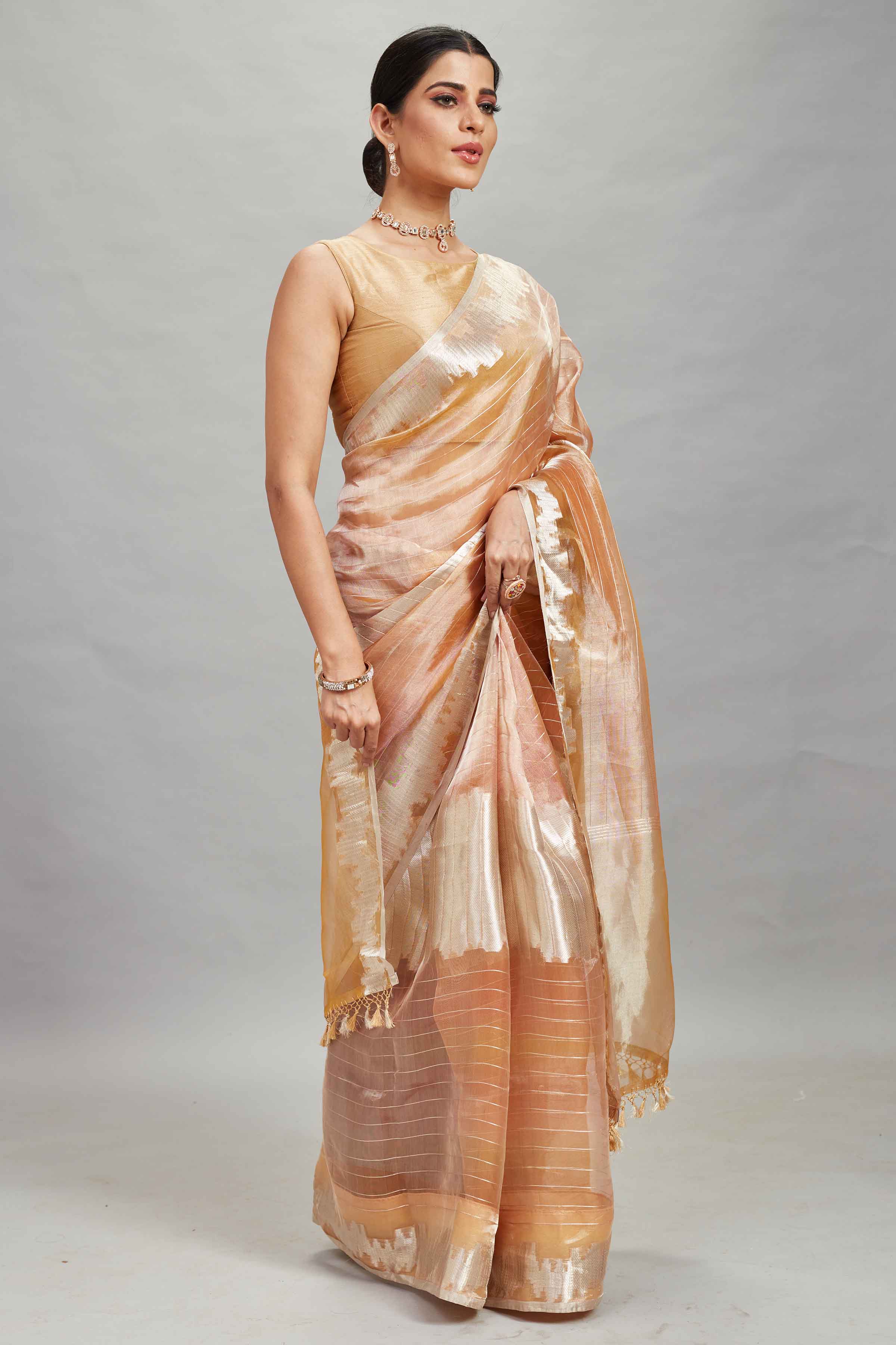 Shop peach and silver striped tissue Banarasi saree online in USA. Look your best on festive occasions in latest designer sarees, pure silk sarees, Kanjivaram silk saris, handwoven saris, tussar silk sarees, embroidered saris from Pure Elegance Indian clothing store in USA.-side