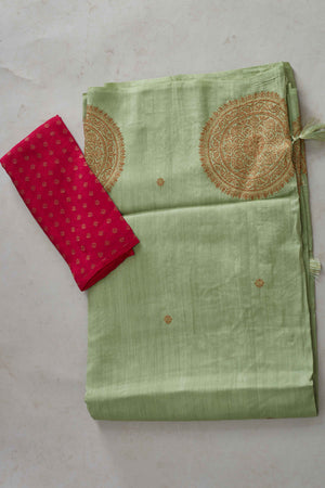 Buy sage green Muga silk Banarasi sari online in USA with big zari motifs. Look your best on festive occasions in latest designer sarees, pure silk sarees, Kanjivaram silk saris, handwoven saris, tussar silk sarees, embroidered saris from Pure Elegance Indian clothing store in USA.-blouse