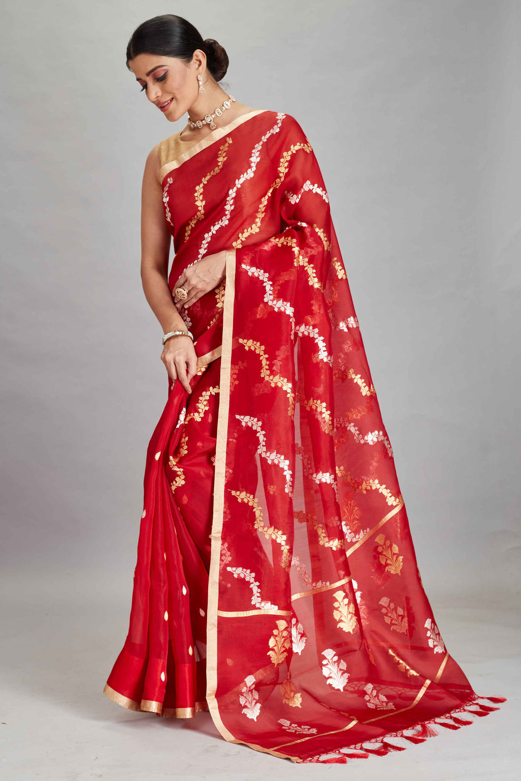 Buy red organza Banarasi sari online in USA with silver golden zari work. Look your best on festive occasions in latest designer sarees, pure silk sarees, Kanjivaram silk saris, handwoven saris, tussar silk sarees, embroidered saris from Pure Elegance Indian clothing store in USA.-full view