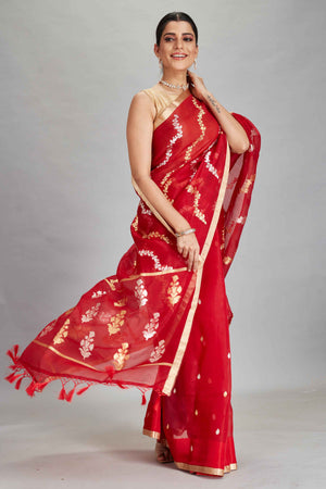Buy red organza Banarasi sari online in USA with silver golden zari work. Look your best on festive occasions in latest designer sarees, pure silk sarees, Kanjivaram silk saris, handwoven saris, tussar silk sarees, embroidered saris from Pure Elegance Indian clothing store in USA.-saree