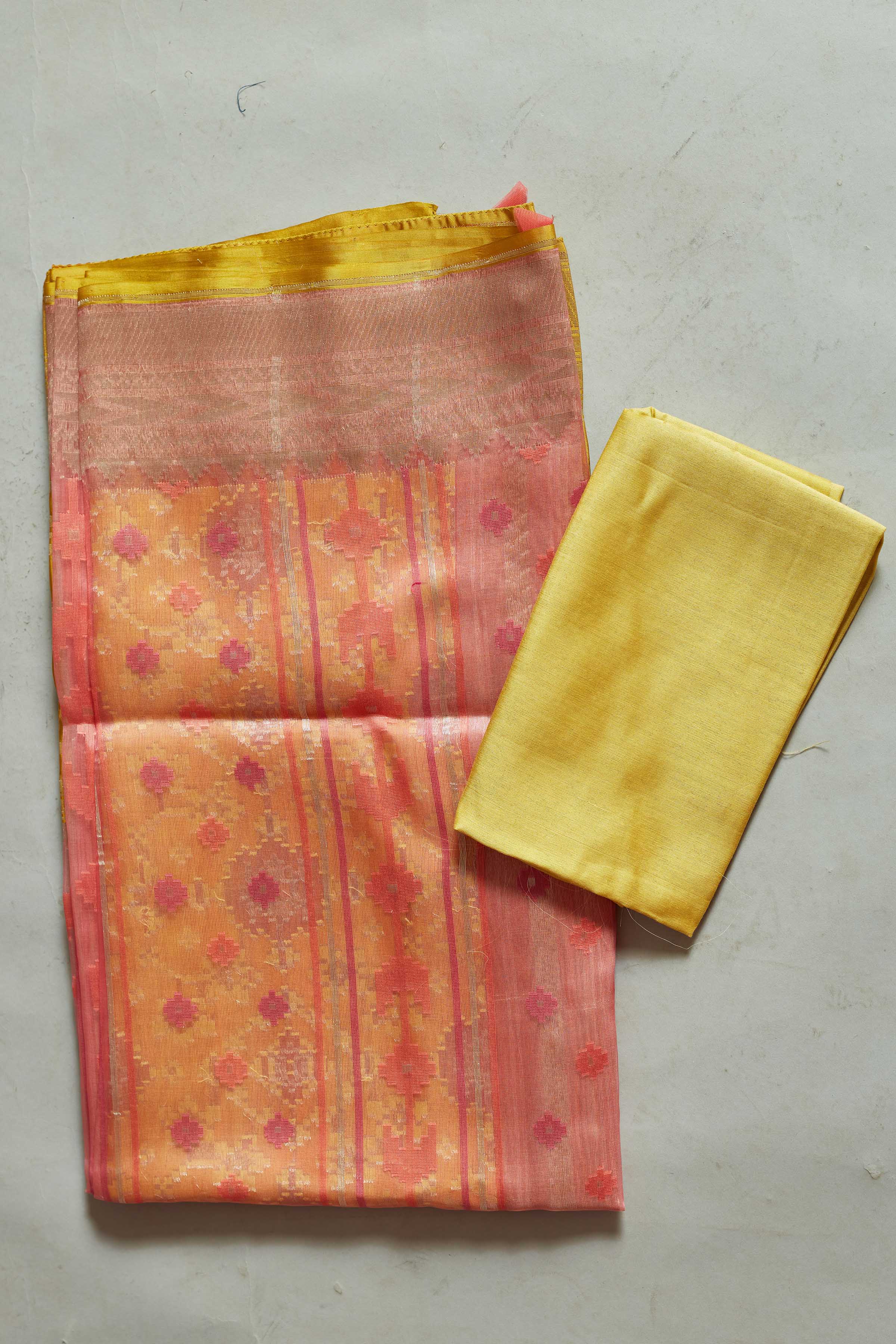 Buy stunning pink Kora Banarasi sari online in USA with yellow border. Look your best on festive occasions in latest designer sarees, pure silk sarees, Kanjivaram silk saris, handwoven saris, tussar silk sarees, embroidered saris from Pure Elegance Indian clothing store in USA.-blouse