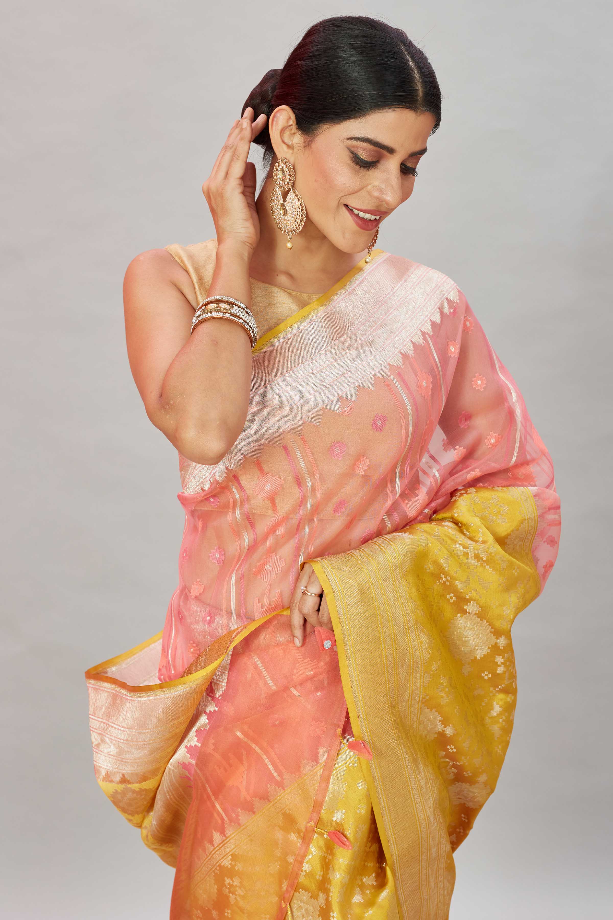 92A434 Pink Kora Saree With Yellow Border