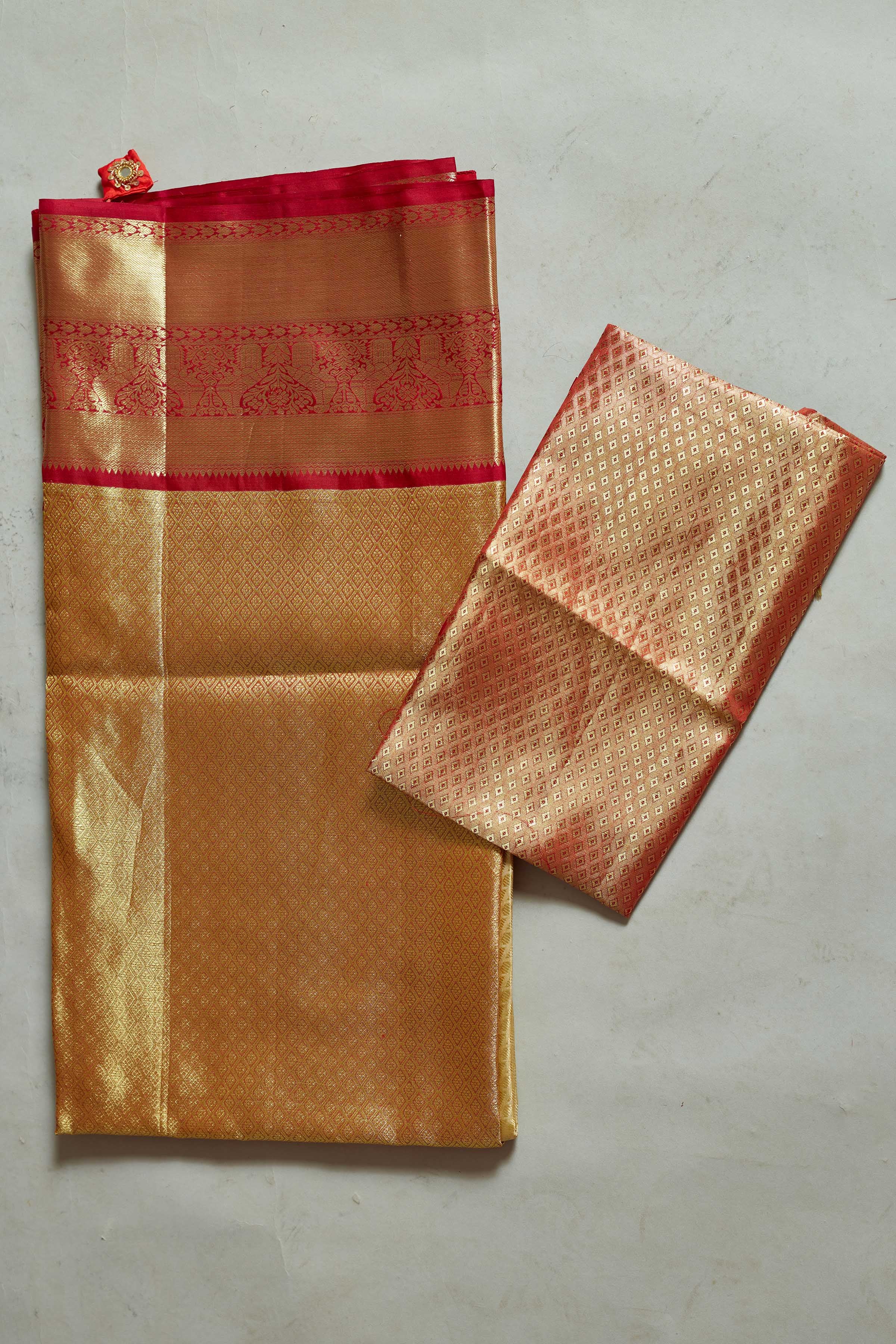 Buy cream Kanjivaram silk sari online in USA with red zari border. Look your best on festive occasions in latest designer sarees, pure silk sarees, Kanjivaram silk saris, handwoven saris, tussar silk sarees, embroidered saris from Pure Elegance Indian clothing store in USA.-blouse