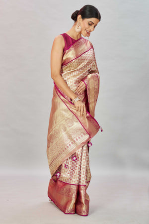 Shop golden pink heavy Kanjivaram silk sari online in USA. Look your best on festive occasions in latest designer sarees, pure silk sarees, Kanjivaram silk saris, handwoven saris, tussar silk sarees, embroidered saris from Pure Elegance Indian clothing store in USA.-side