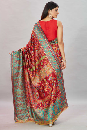 Shop red heavy Kani weave sari online in USA with green border. Look your best on festive occasions in latest designer sarees, pure silk sarees, Kanjivaram silk sarees, handwoven sarees, tussar silk sarees, embroidered saris from Pure Elegance Indian clothing store in USA.-back