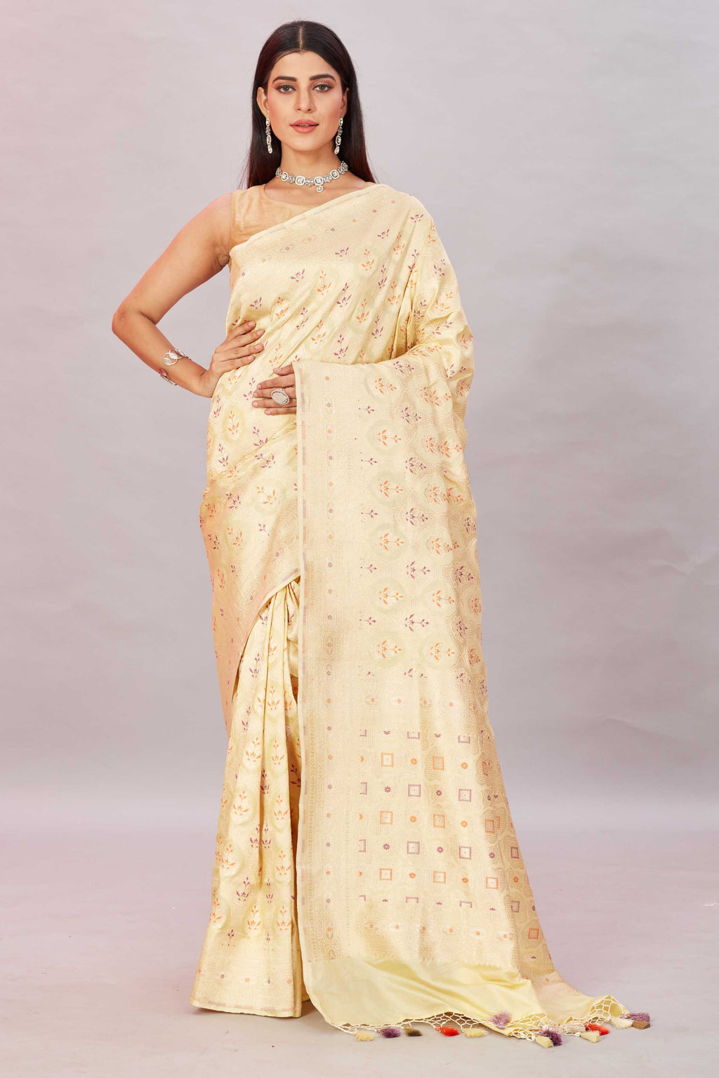 Shop cream Benarasi sari online in USA with zari minakari work. Look your best on festive occasions in latest designer sarees, pure silk sarees, Kanjivaram silk sarees, handwoven saris, tussar silk sarees, embroidered saris from Pure Elegance Indian clothing store in USA.-full view
