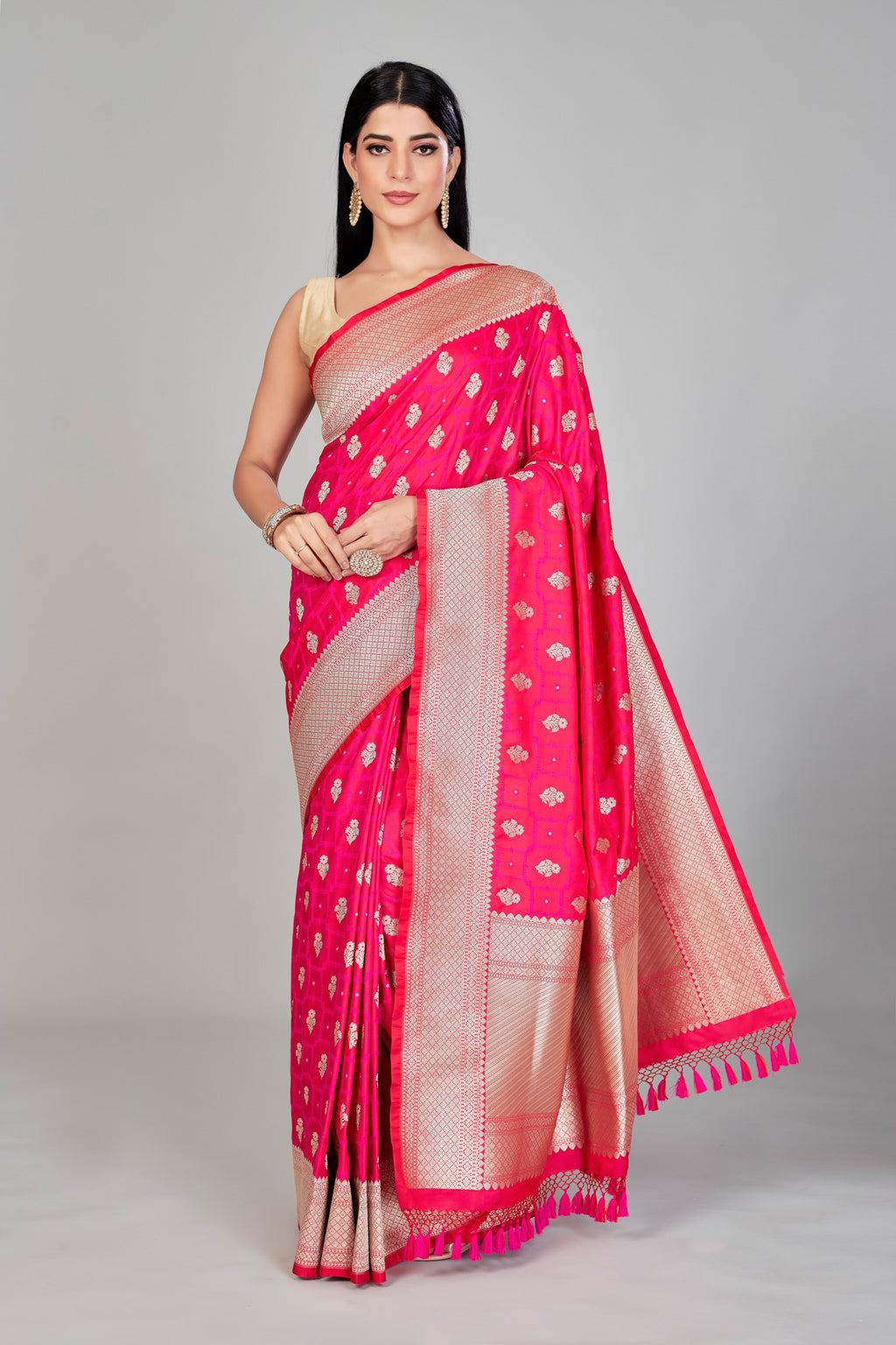 Buy fushia pink Katan Banarasi sari online in USA with floral buta Shop designer sarees, tussar silk sarees, Kanjeevaram saris from Indian sari store in USA.-full view