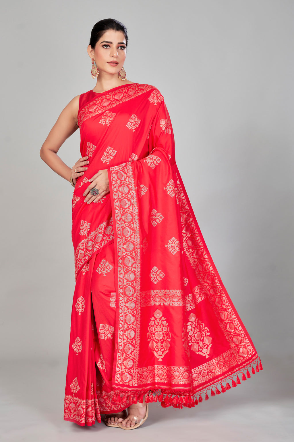 Shop red Mashru silk sari online in USA with floral buta Shop designer sarees, tussar silk sarees, Kanjeevaram saris from Indian sari store in USA.-full view