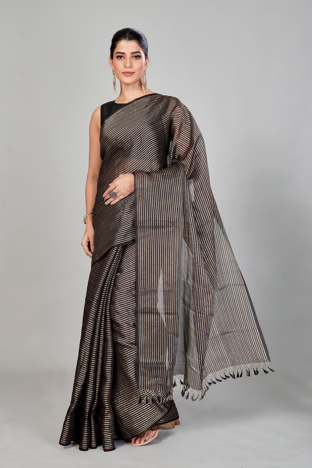 Buy black tissue Banarasi sari online in USA with silver golden stripes. Shop designer sarees,Banarasi sarees, Kanjeevaram saris from Indian sari store in USA.-full view