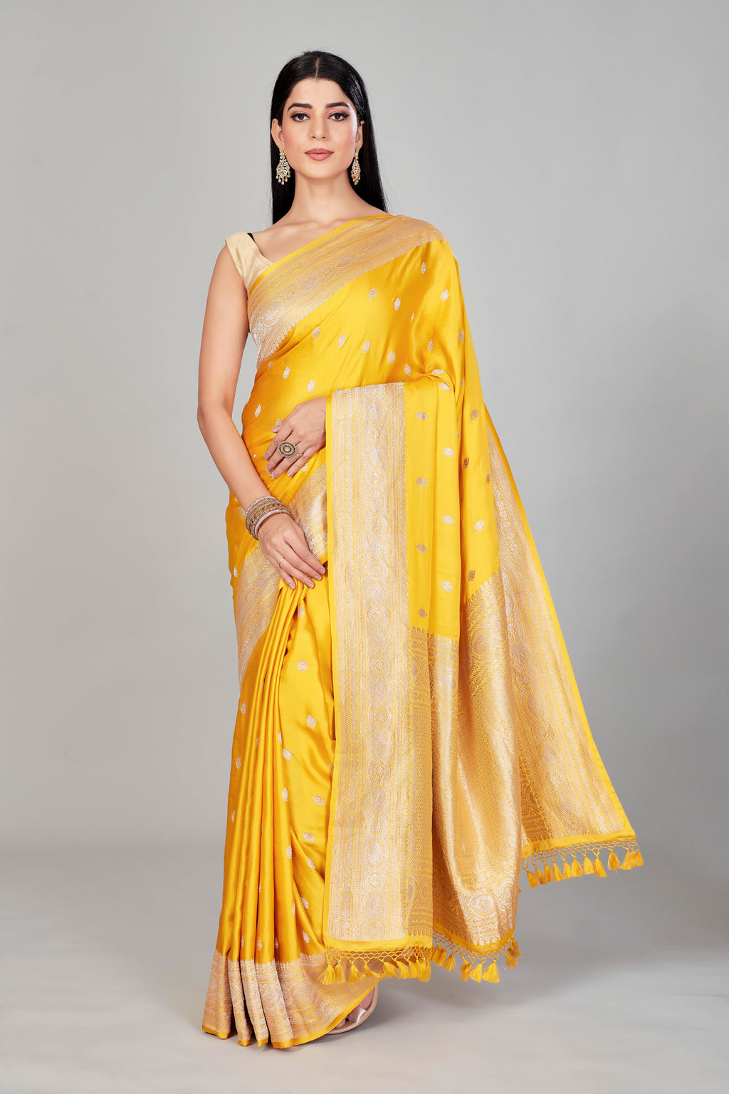 Shop yellow Katan Banarasi sari online in USA with zari buti and border. Shop designer sarees,Banarasi sarees, Kanjeevaram saris from Indian sari store in USA.-full view