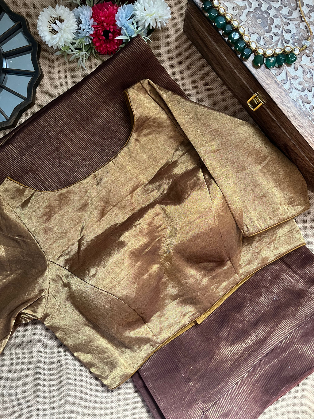 Buy brown tissue zari saree online in USA with golden tissue blouse. Look your best on festive occasions in latest designer saris, pure silk saris, Kanjivaram silk sarees, handwoven saris, tussar silk sarees, linen sarees,  summer sarees from Pure Elegance Indian clothing store in USA.-full view