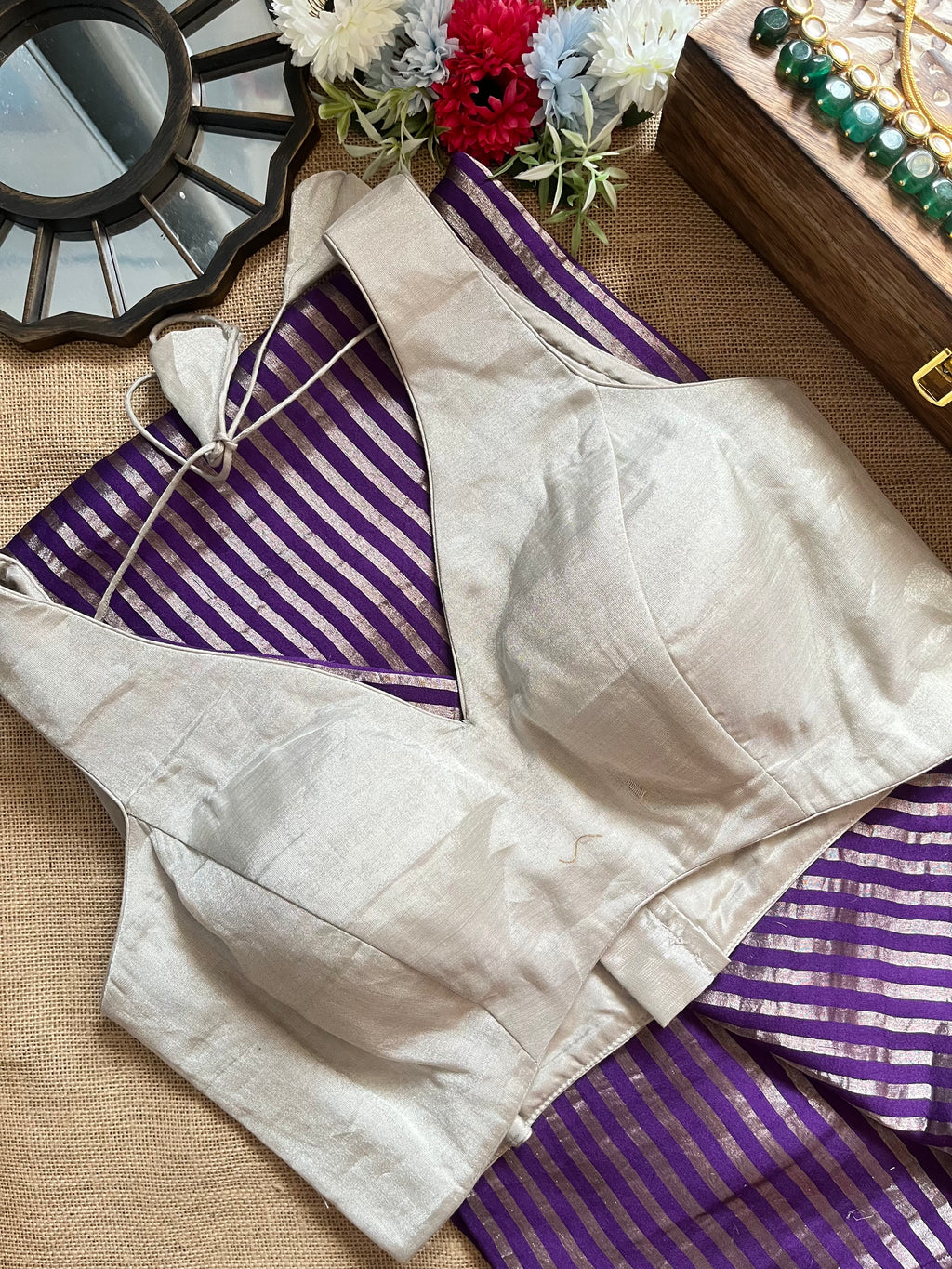 Buy purple tissue zari stripes saree online in USA with cream blouse. Look your best on festive occasions in latest designer saris, pure silk saris, Kanjivaram silk sarees, handwoven saris, tussar silk sarees, linen sarees,  summer sarees from Pure Elegance Indian clothing store in USA.-full view