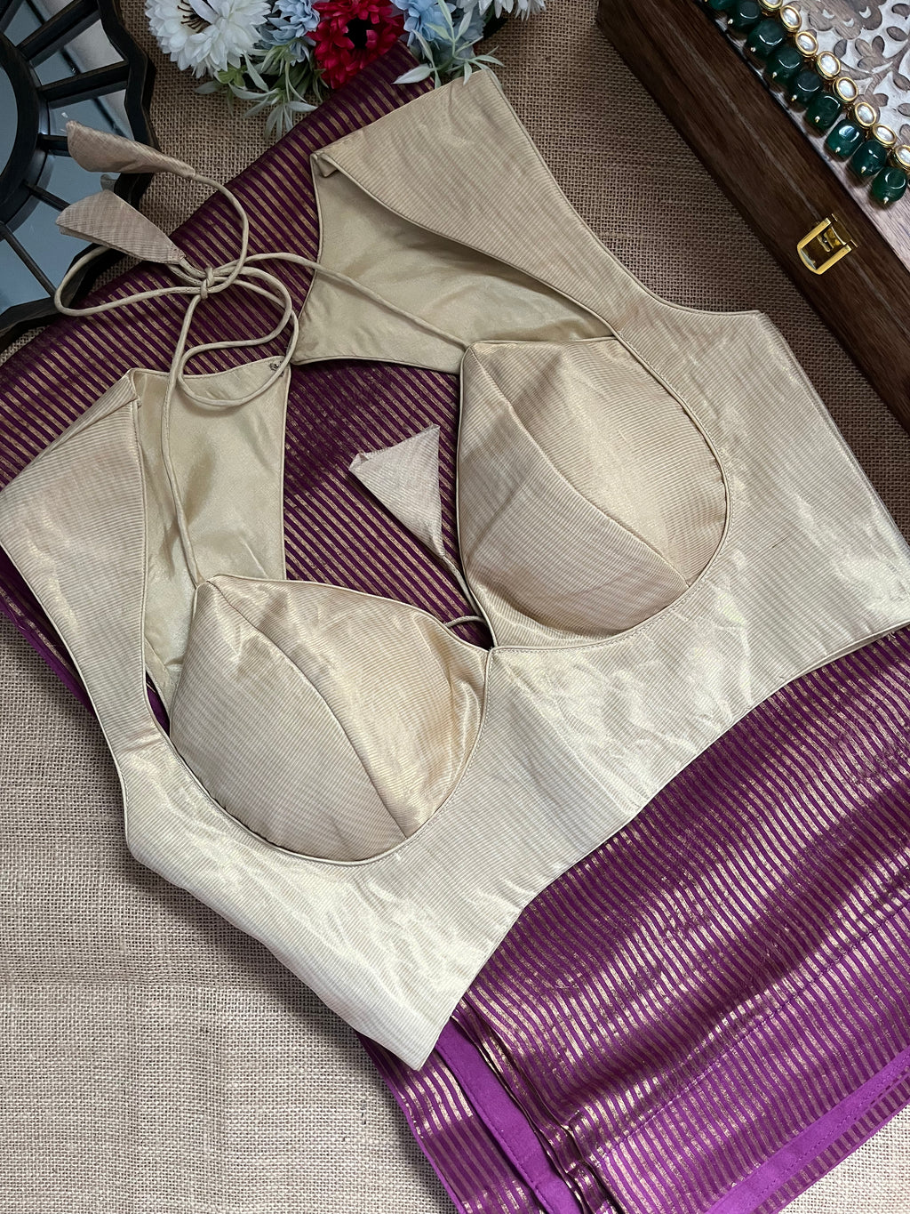 Shop purple tissue zari saree online in USA with cream designer blouse. Look your best on festive occasions in latest designer saris, pure silk saris, Kanjivaram silk sarees, handwoven saris, tussar silk sarees, linen sarees,  summer sarees from Pure Elegance Indian clothing store in USA.-full view