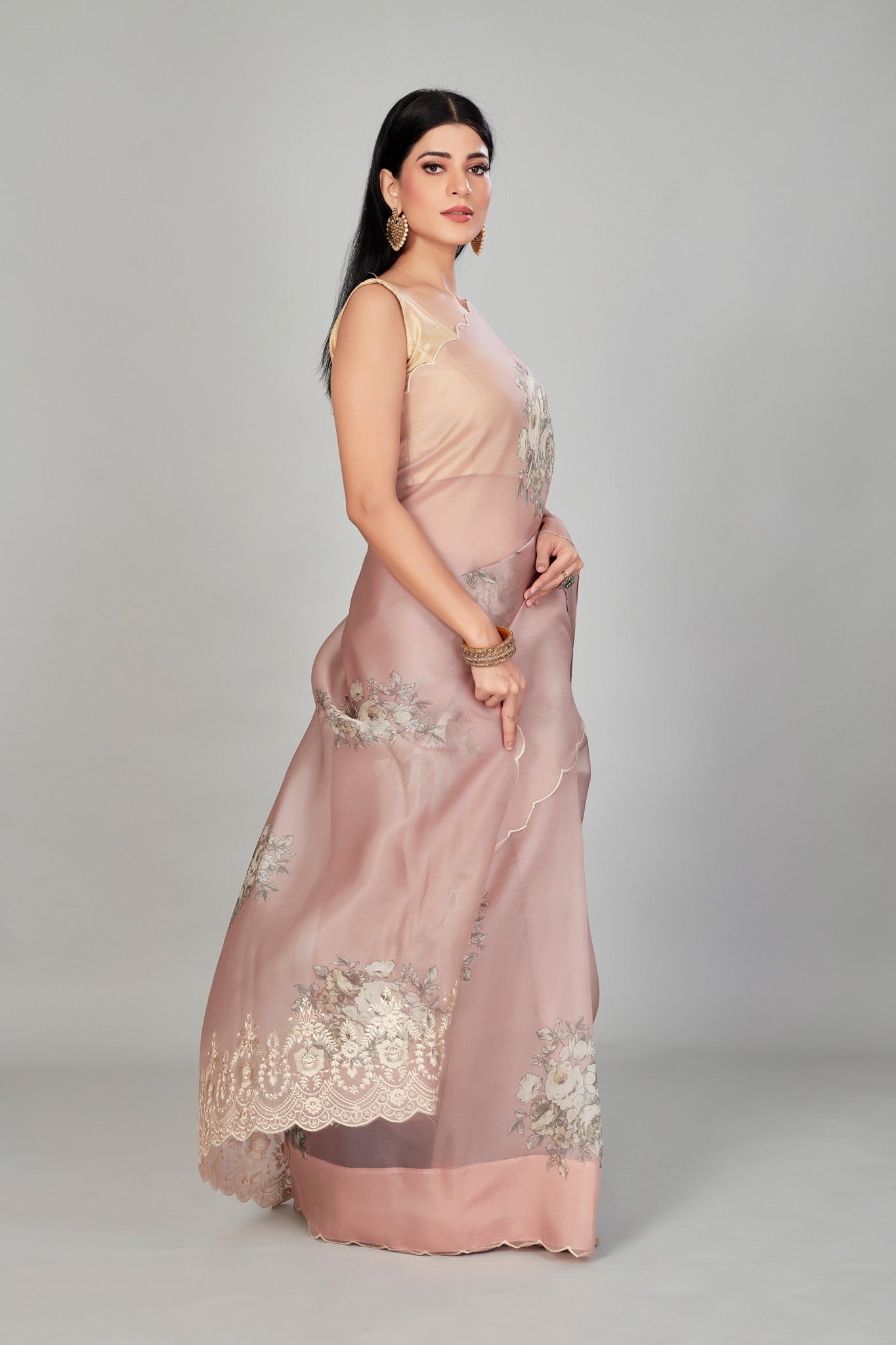 Shop Dusty Pink Embroidered Floral Organza Saree Online In USA