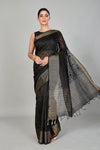 92A754 Black Linen Silk Sari With Embroidery And Golden Border