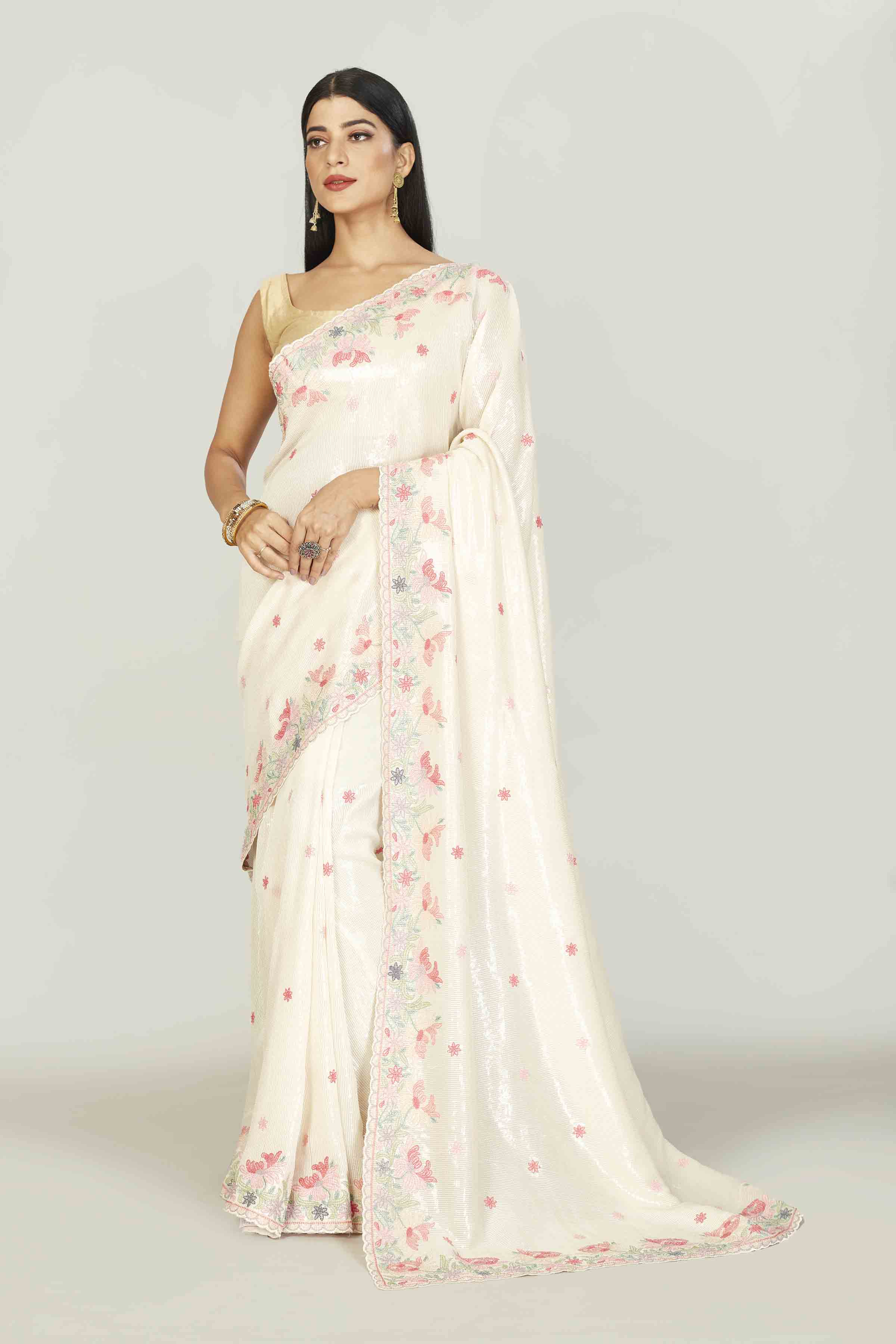 Shop cream tissue sari online in USA with embroidered border and buti. Look your best on festive occasions in latest designer saris, pure silk saris, tissue silk sarees, handwoven saris, tussar silk sarees, linen sarees,  summer sarees from Pure Elegance Indian clothing store in USA.-full view