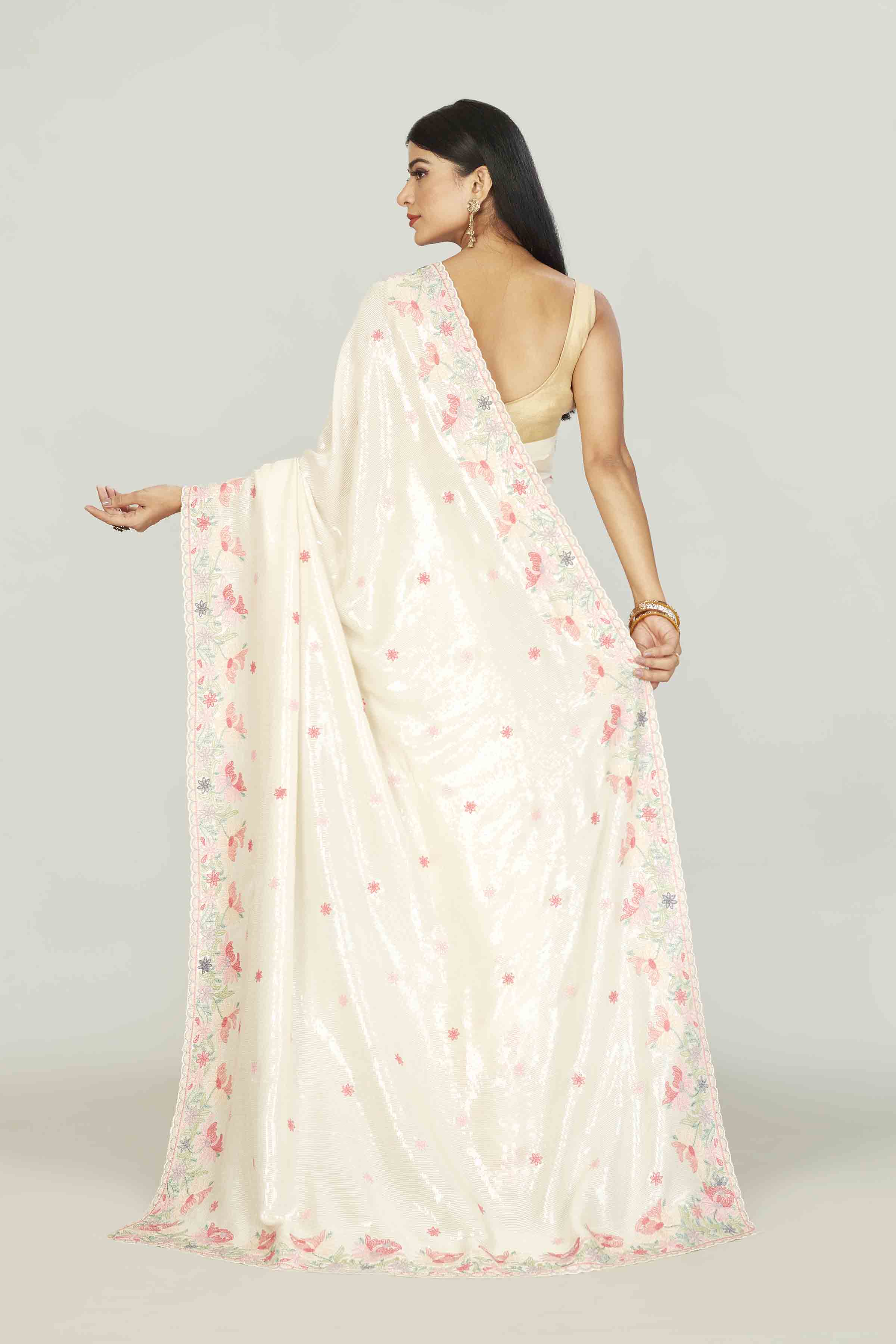 Shop cream tissue sari online in USA with embroidered border and buti. Look your best on festive occasions in latest designer saris, pure silk saris, tissue silk sarees, handwoven saris, tussar silk sarees, linen sarees,  summer sarees from Pure Elegance Indian clothing store in USA.-back