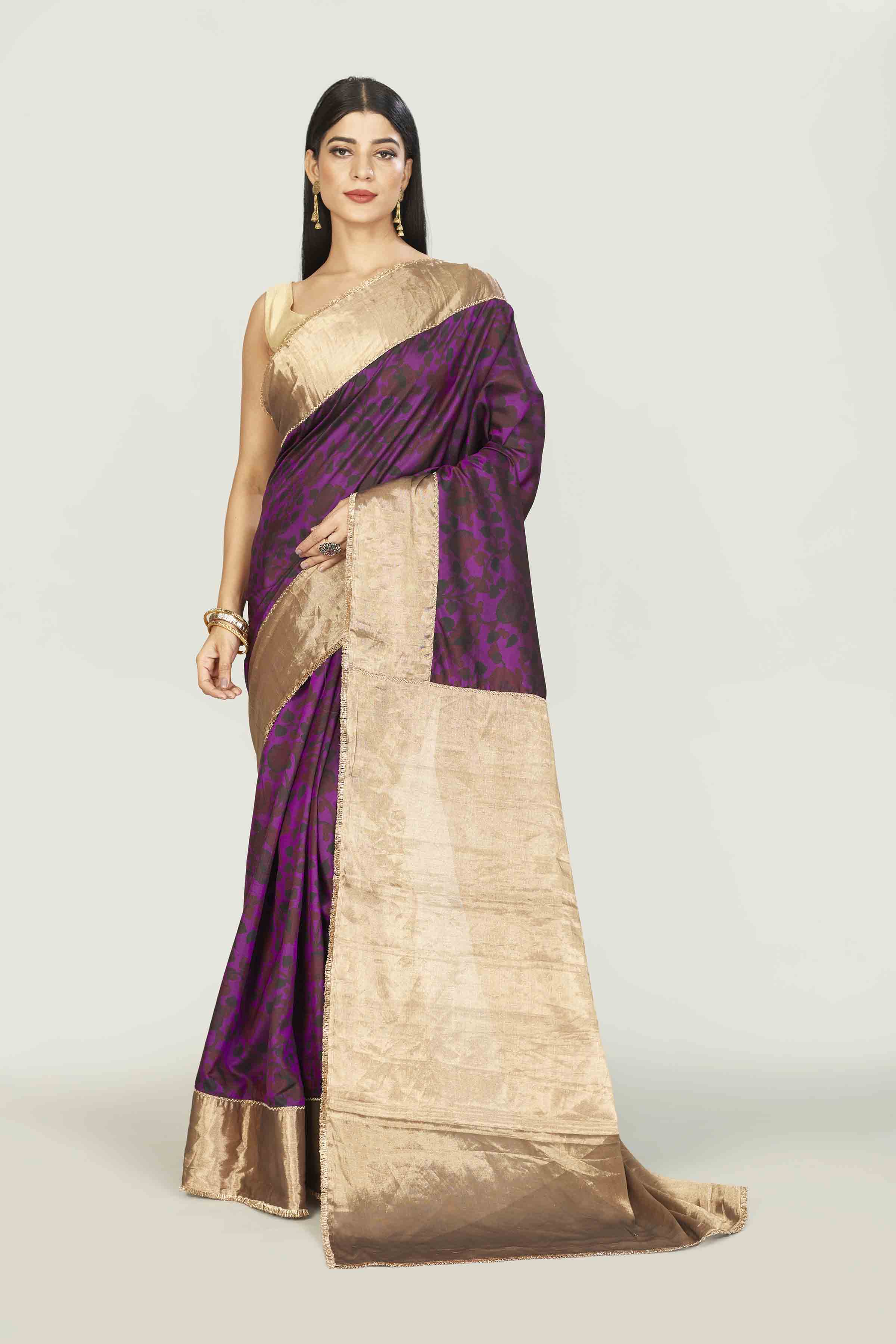 Buy purple printed tussar sari online in USA with zari border. Look your best on festive occasions in latest designer saris, pure silk saris, tissue silk sarees, handwoven saris, tussar silk sarees, linen sarees,  summer sarees from Pure Elegance Indian clothing store in USA.-full view