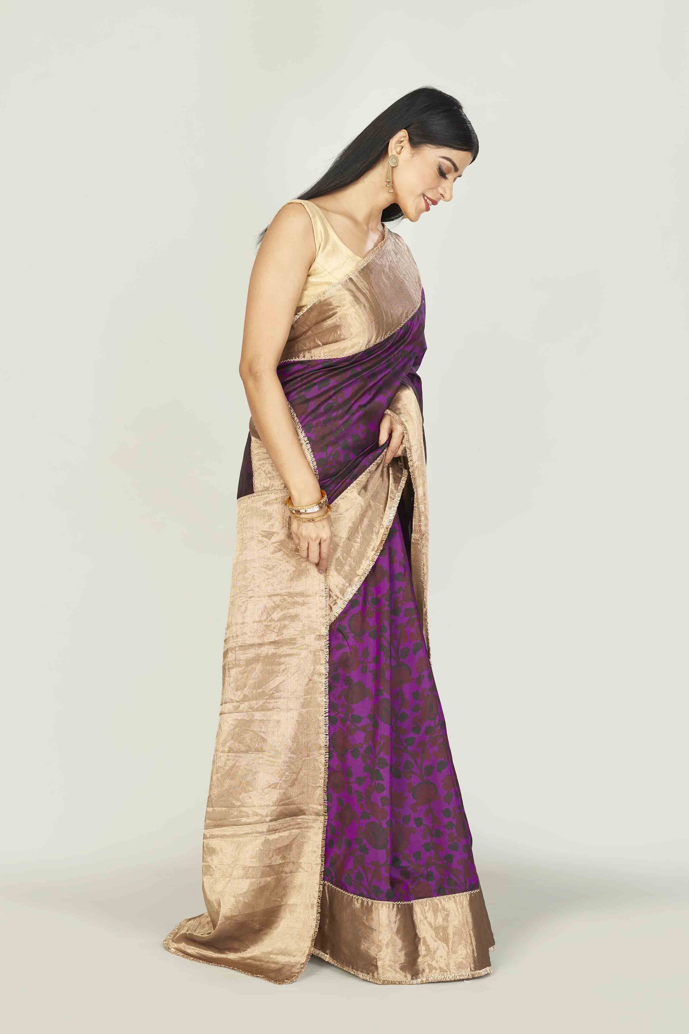 Buy purple printed tussar sari online in USA with zari border. Look your best on festive occasions in latest designer saris, pure silk saris, tissue silk sarees, handwoven saris, tussar silk sarees, linen sarees,  summer sarees from Pure Elegance Indian clothing store in USA.-side
