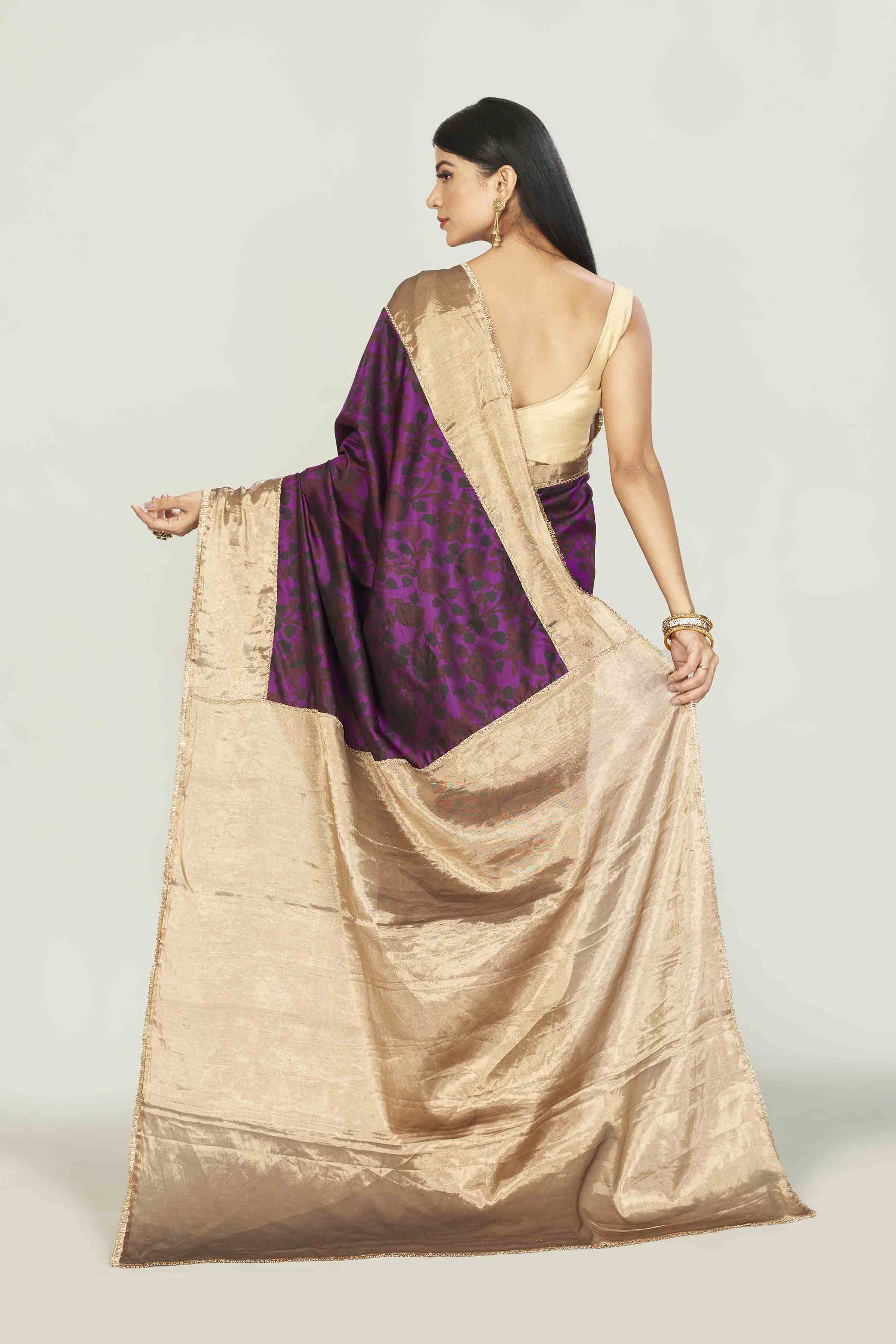 Buy purple printed tussar sari online in USA with zari border. Look your best on festive occasions in latest designer saris, pure silk saris, tissue silk sarees, handwoven saris, tussar silk sarees, linen sarees,  summer sarees from Pure Elegance Indian clothing store in USA.-back