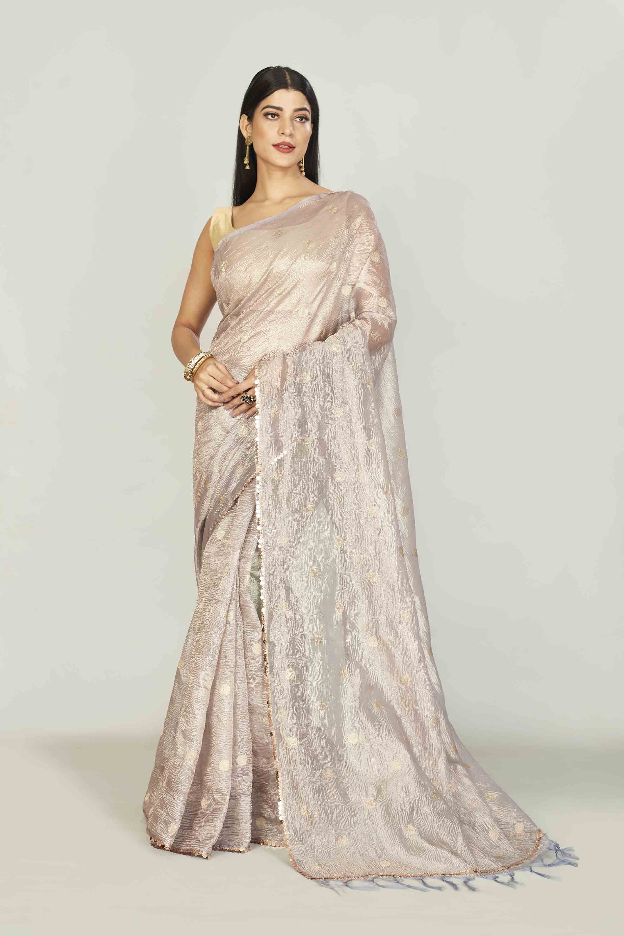 Shop stunning grey floral print Kota silk sari online in USA. Look your best on festive occasions in latest designer saris, pure silk saris, tissue silk sarees, handwoven saris, tussar silk sarees, linen sarees,  summer sarees from Pure Elegance Indian clothing store in USA.-full view