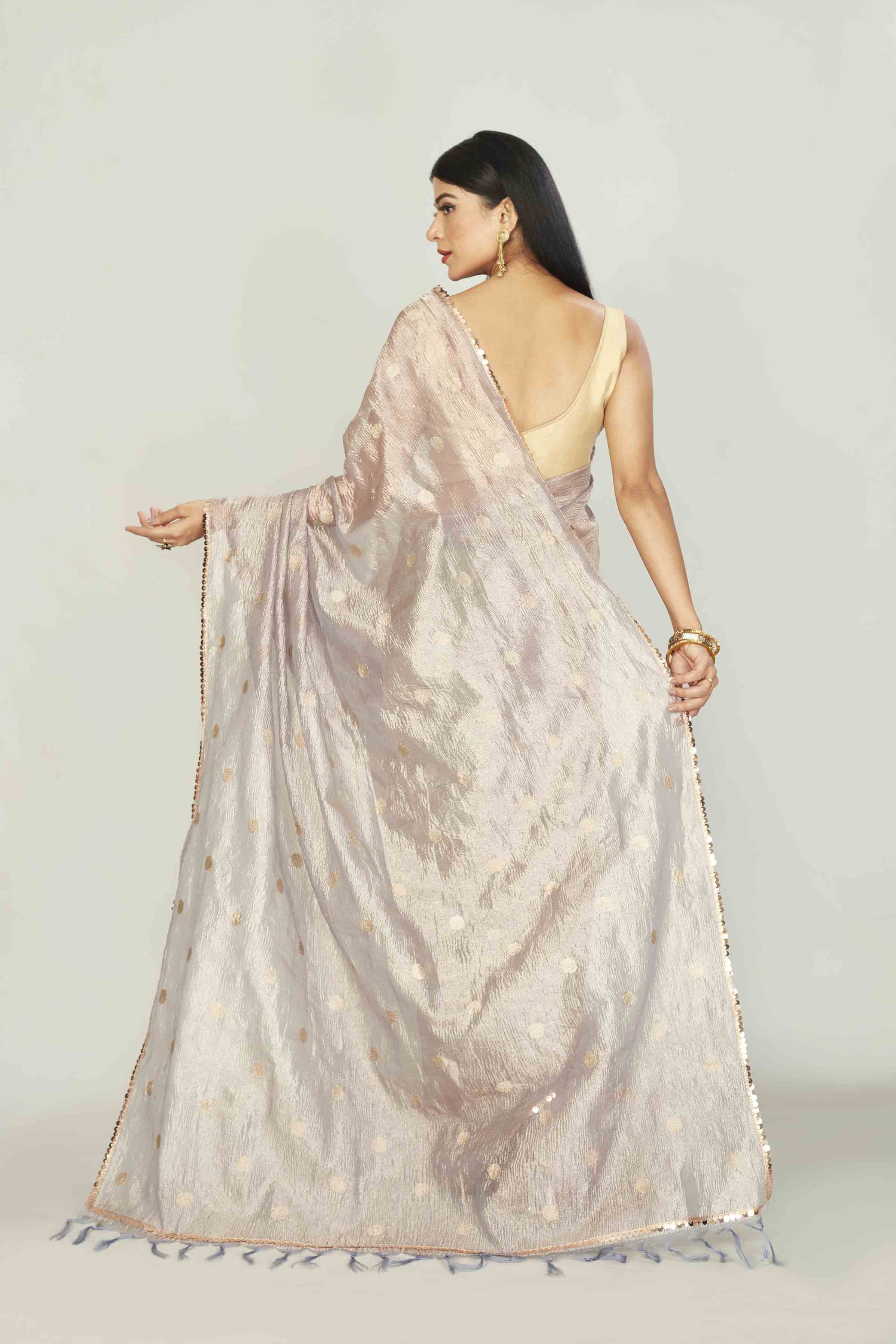 Shop stunning grey floral print Kota silk sari online in USA. Look your best on festive occasions in latest designer saris, pure silk saris, tissue silk sarees, handwoven saris, tussar silk sarees, linen sarees,  summer sarees from Pure Elegance Indian clothing store in USA.-back