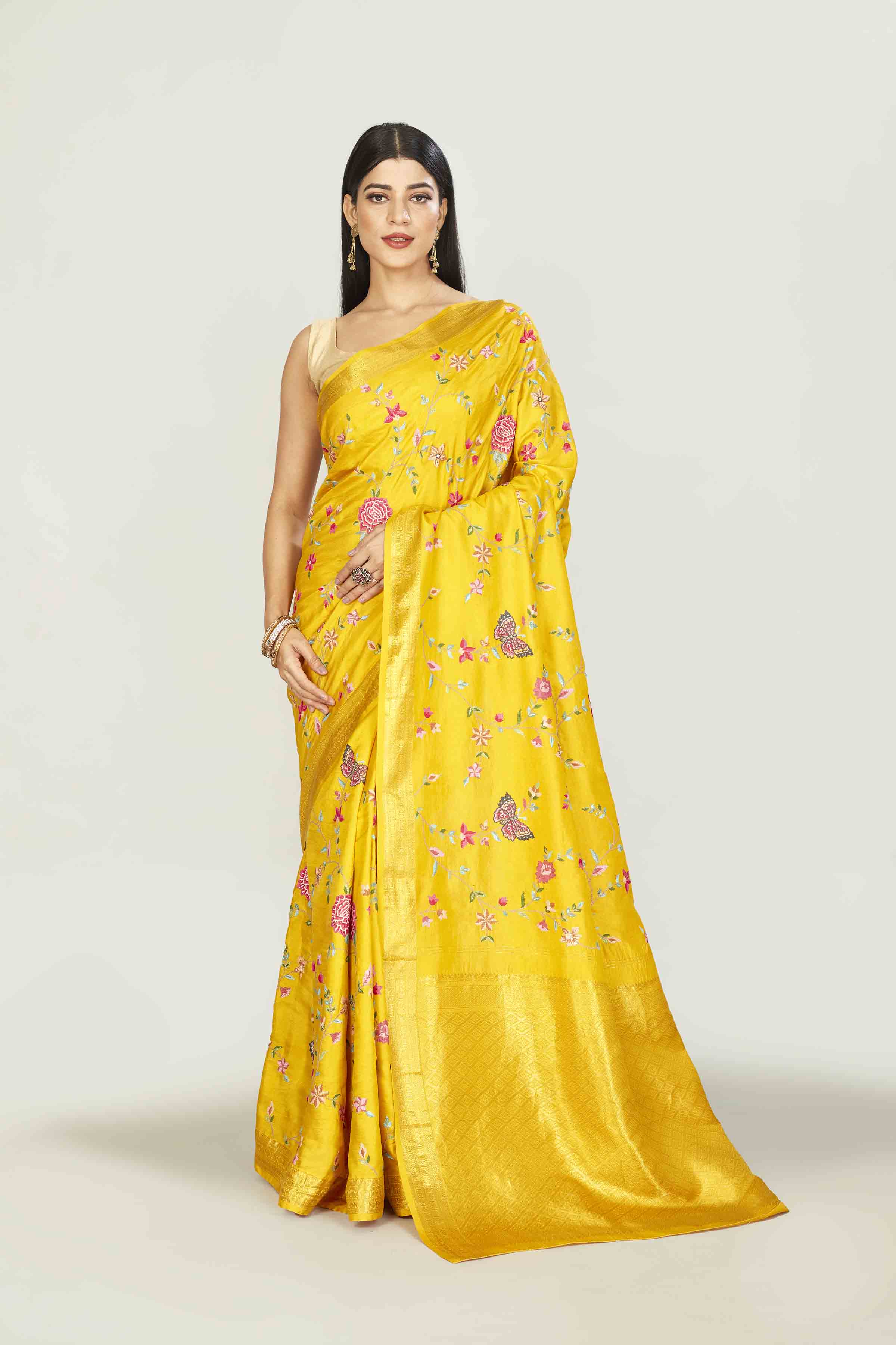Shop yellow Gadhwal silk saree online in USA with embroidery. Look your best on festive occasions in latest designer saris, pure silk saris, tissue silk sarees, handwoven saris, tussar silk sarees, linen sarees,  summer sarees from Pure Elegance Indian clothing store in USA.-full view