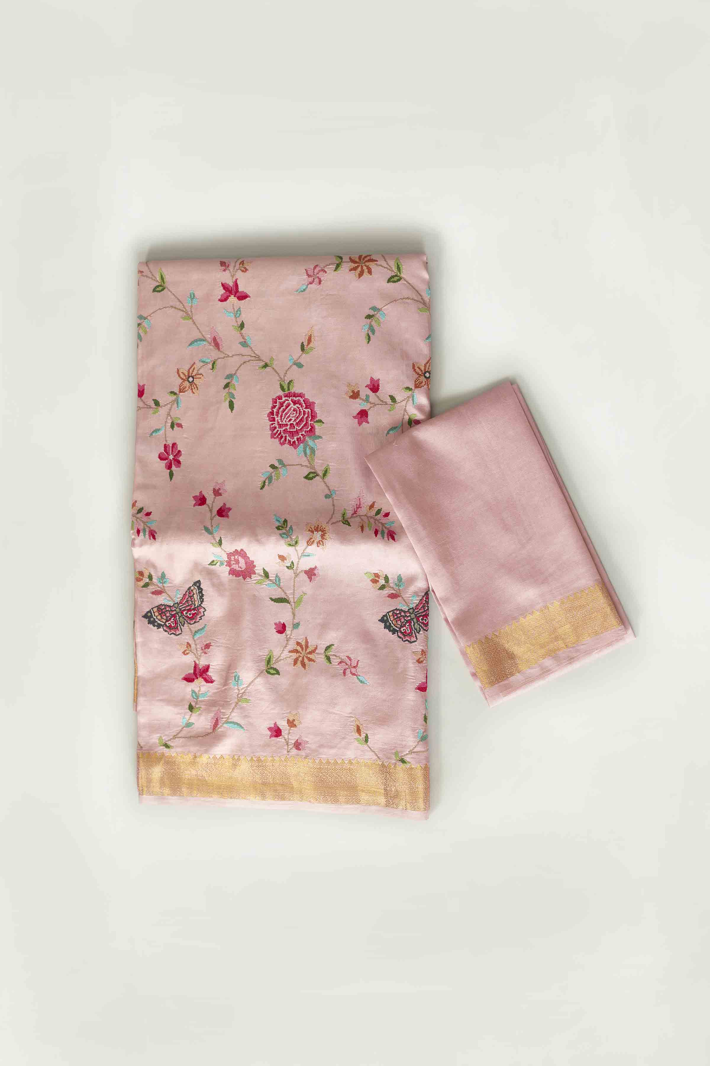 Shop powder pink Gadhwal silk saree online in USA with embroidery. Look your best on festive occasions in latest designer saris, pure silk saris, tissue silk sarees, handwoven saris, tussar silk sarees, linen sarees,  summer sarees from Pure Elegance Indian clothing store in USA.-blouse