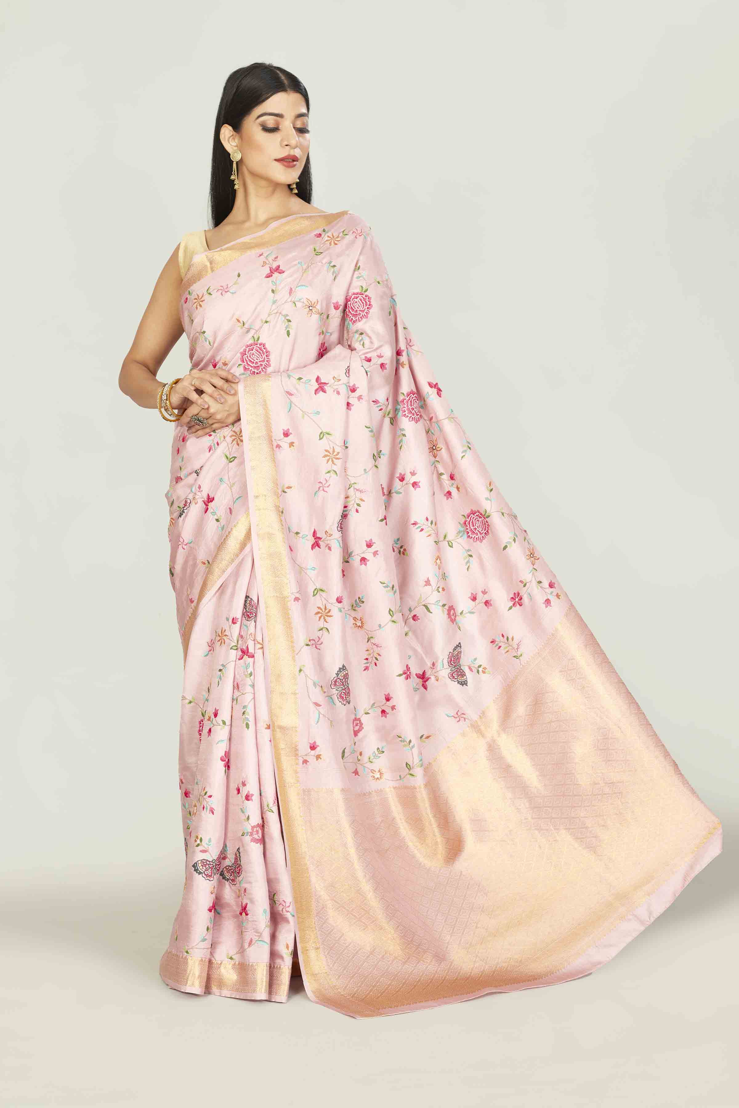 Shop powder pink Gadhwal silk saree online in USA with embroidery. Look your best on festive occasions in latest designer saris, pure silk saris, tissue silk sarees, handwoven saris, tussar silk sarees, linen sarees,  summer sarees from Pure Elegance Indian clothing store in USA.-full view
