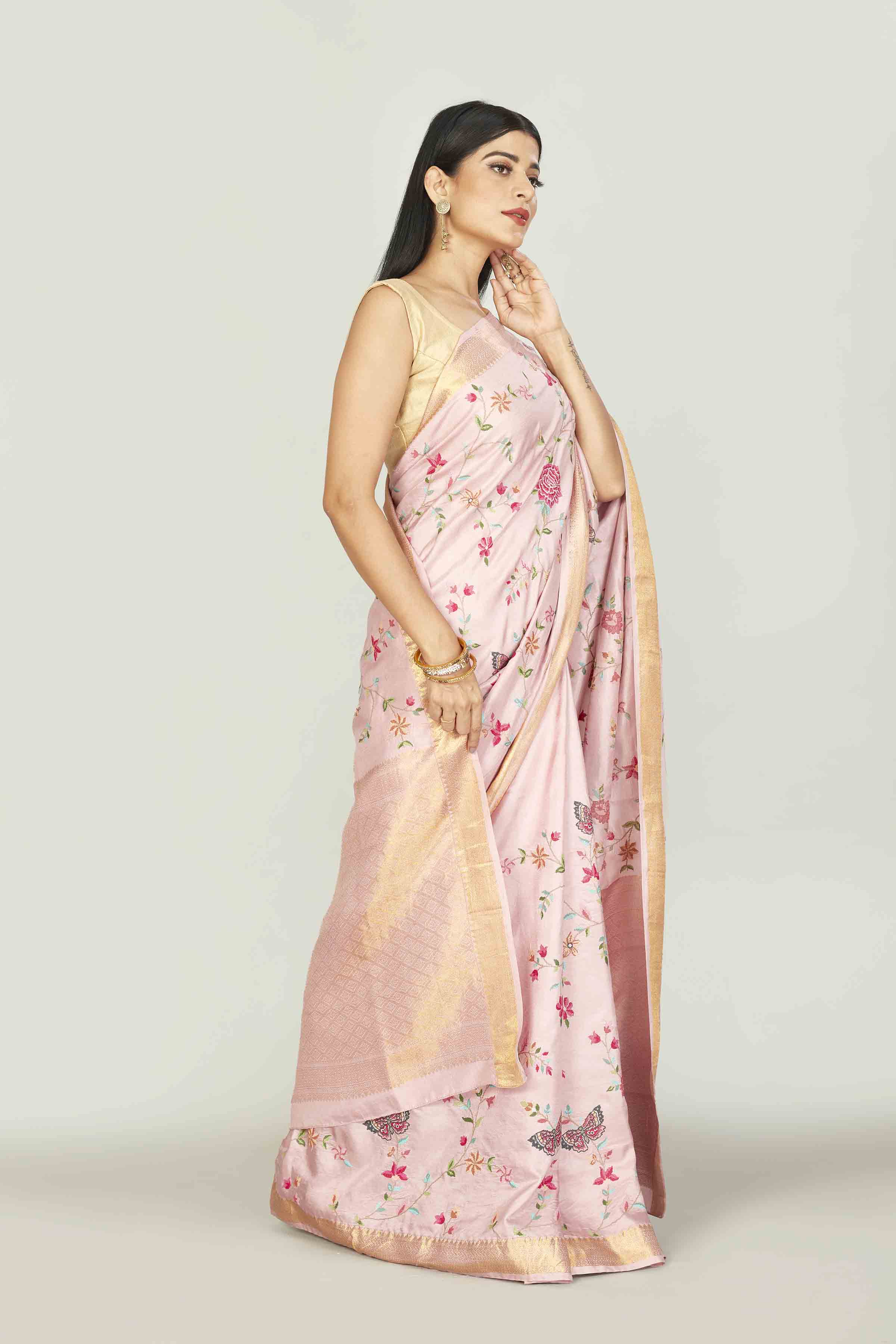 Shop powder pink Gadhwal silk saree online in USA with embroidery. Look your best on festive occasions in latest designer saris, pure silk saris, tissue silk sarees, handwoven saris, tussar silk sarees, linen sarees,  summer sarees from Pure Elegance Indian clothing store in USA.-side