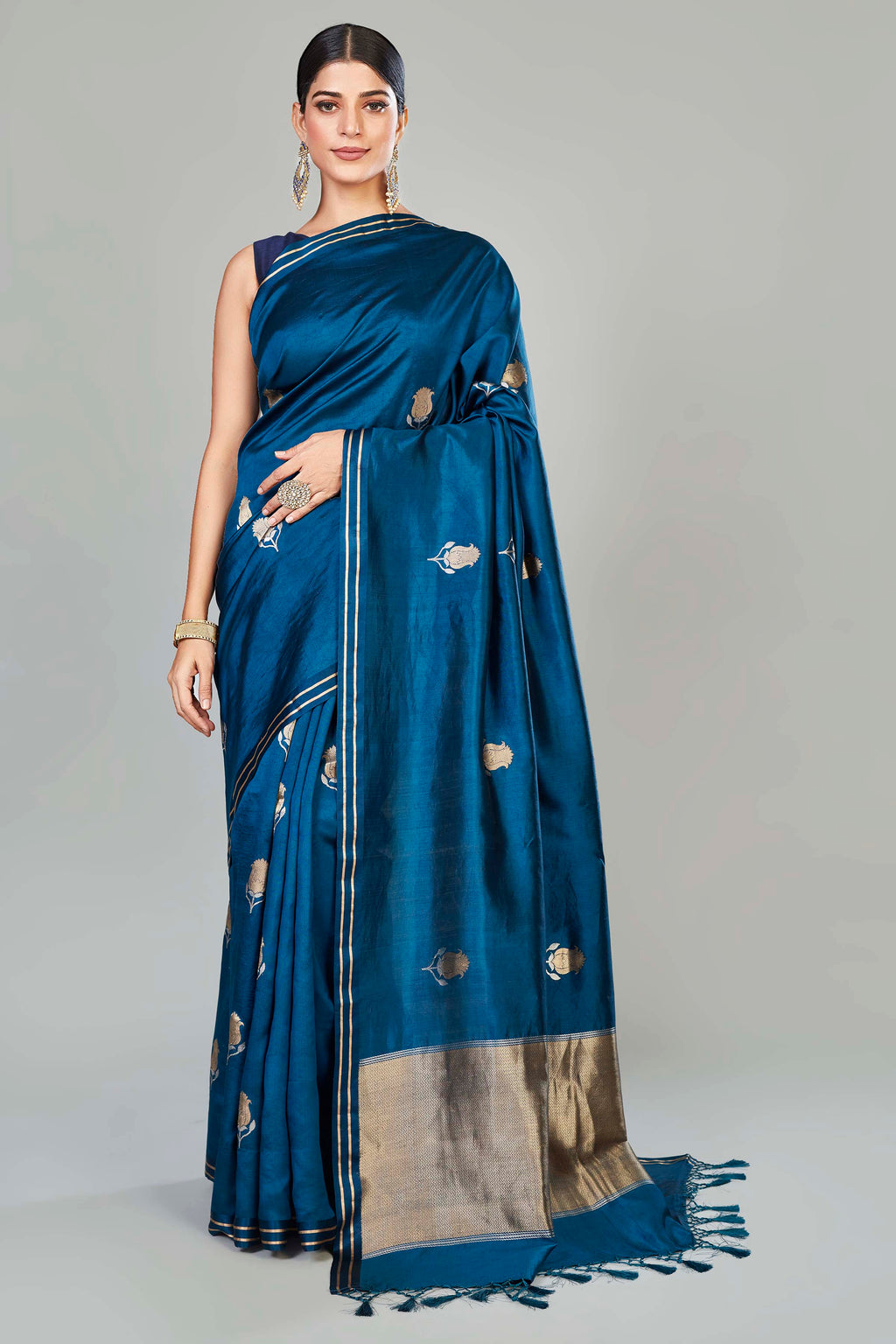 Shop blue tussar Banarasi sari online in USA with zari buta. Look your best on special occasions in Banarasi sarees, pure silk saris, handwoven sarees.-full view